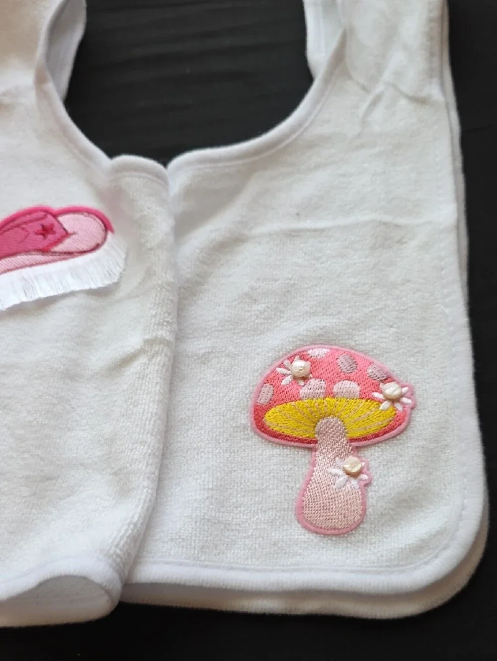 White Baby Bib with Pink & Yellow Mushroom Appliqué 2 Pack